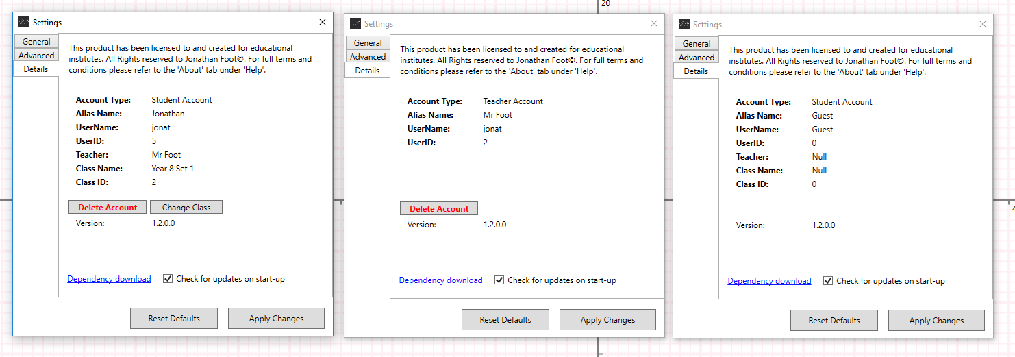 An image showing the detials page of Settings for a range of account types.