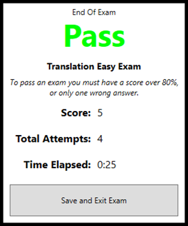 A screenshoot showing an exam result window.